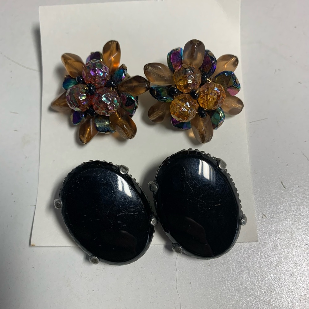 Vintage Judy Lee Earrings, Black Shiny Lucite & Germany Beaded Rosette- 2pr incl